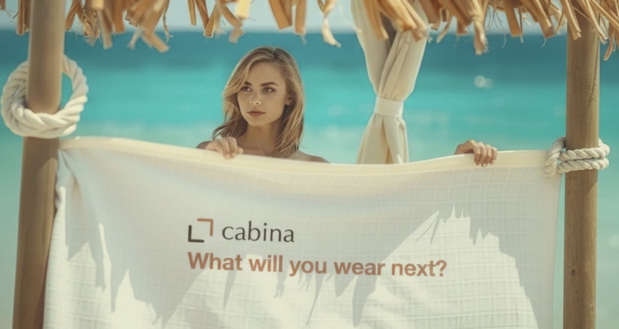 A young woman behind a beach cabana on the Mediterranean, holding a white linen towel printed with the Cabina logo and the tagline 'What will you wear next?'
